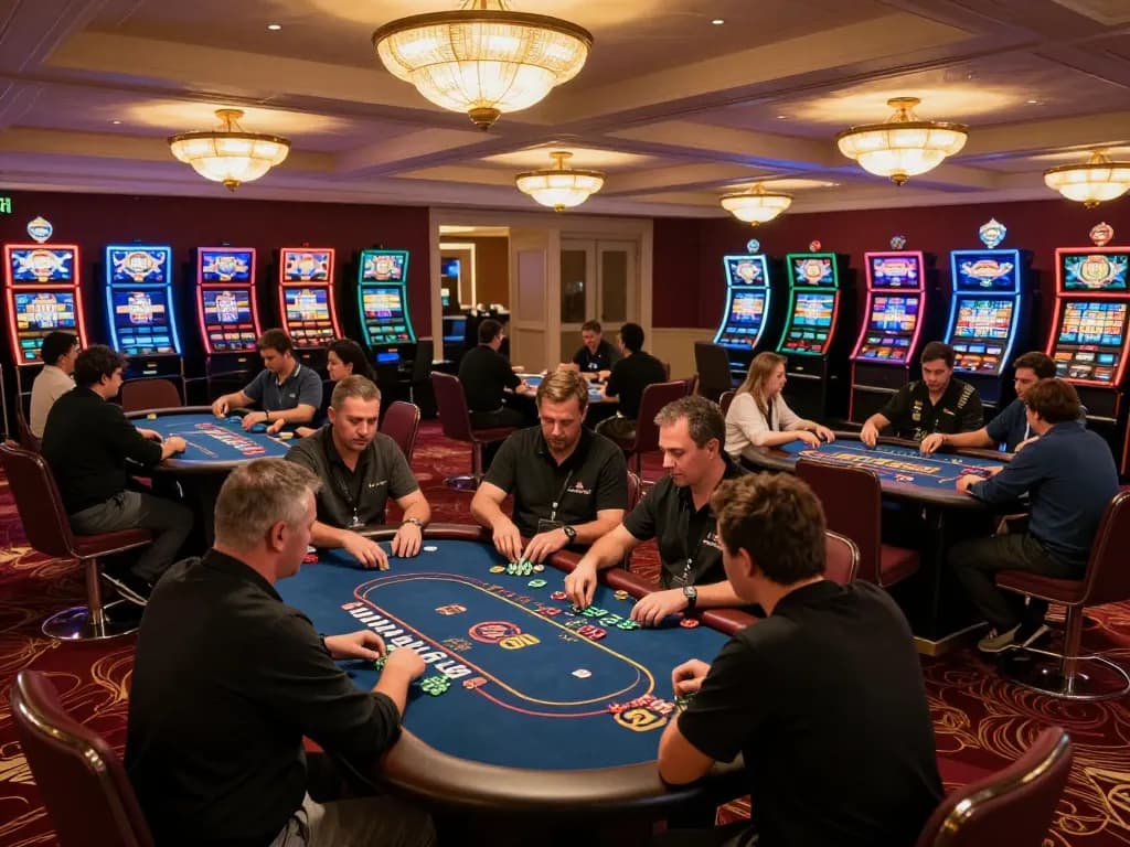 Experience the thrill at max79's vibrant casino floor with players engaged in dynamic games.