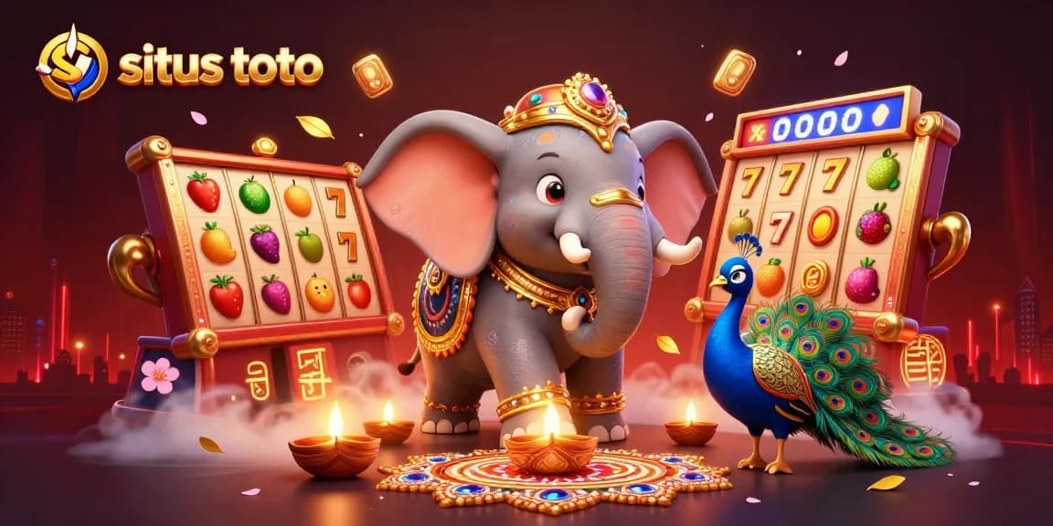 Experience situs toto through this vibrant, dynamic scene featuring an elephant and slot reels.