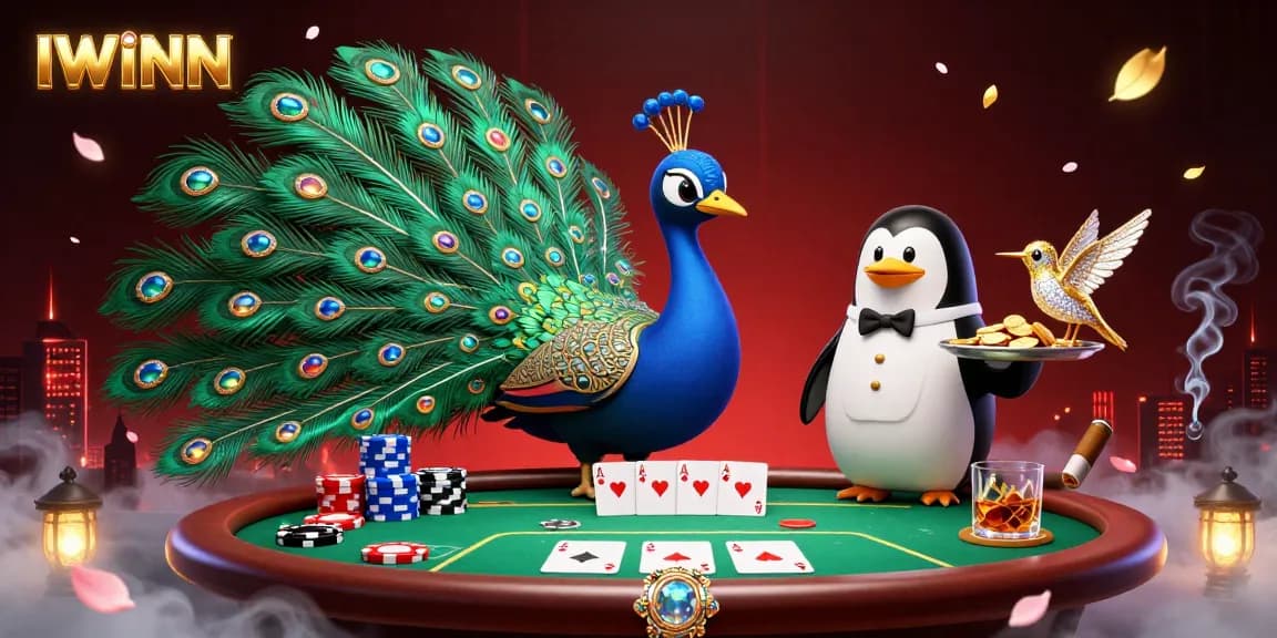 Engage with IWINN's vibrant casino experience featuring a peacock, penguin, and hummingbird amidst a poker scene.