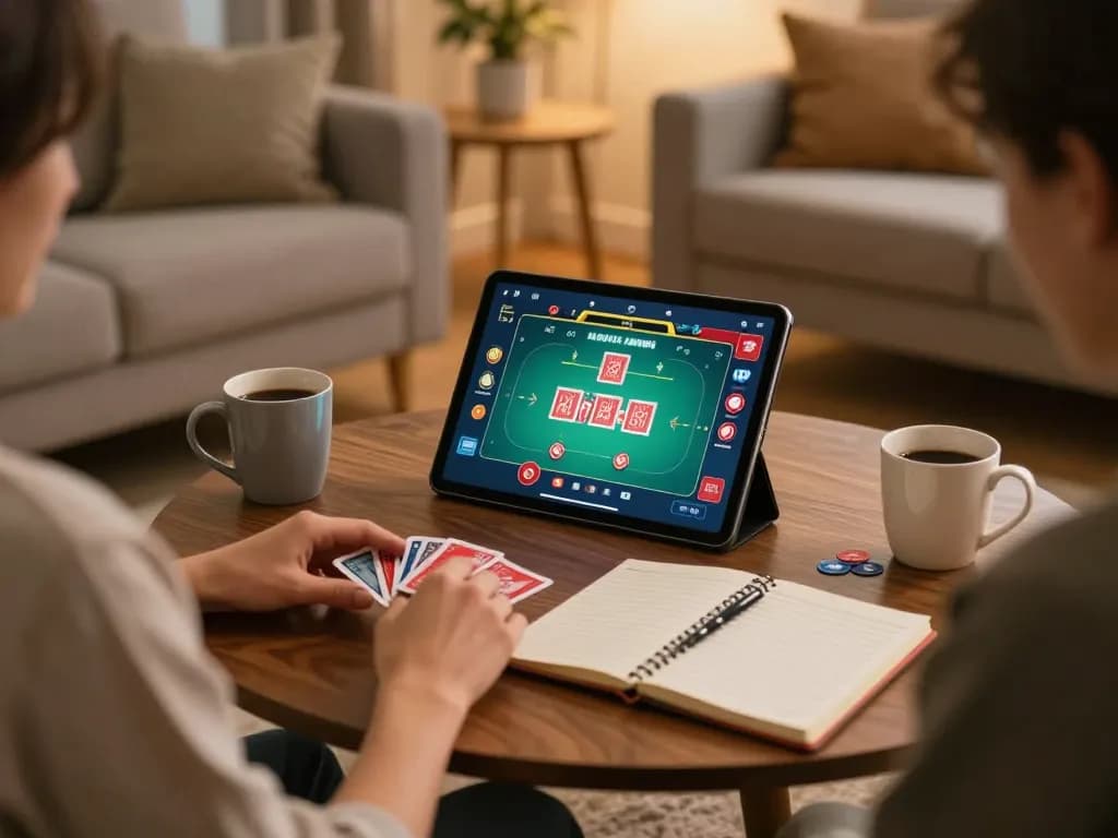 Engaging in online poker gaming through 789win.com app on tablet, cozy home setting with strategies visible