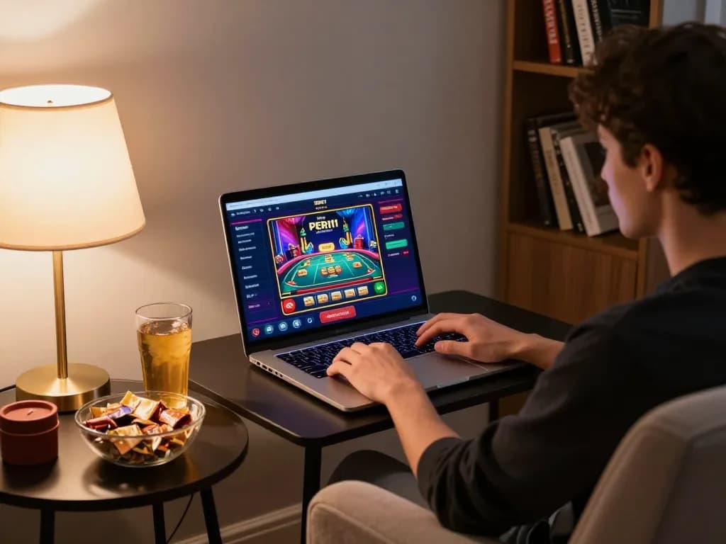Engage with PERI11 online casino through a cozy home gaming setup showcasing strategy and fun.