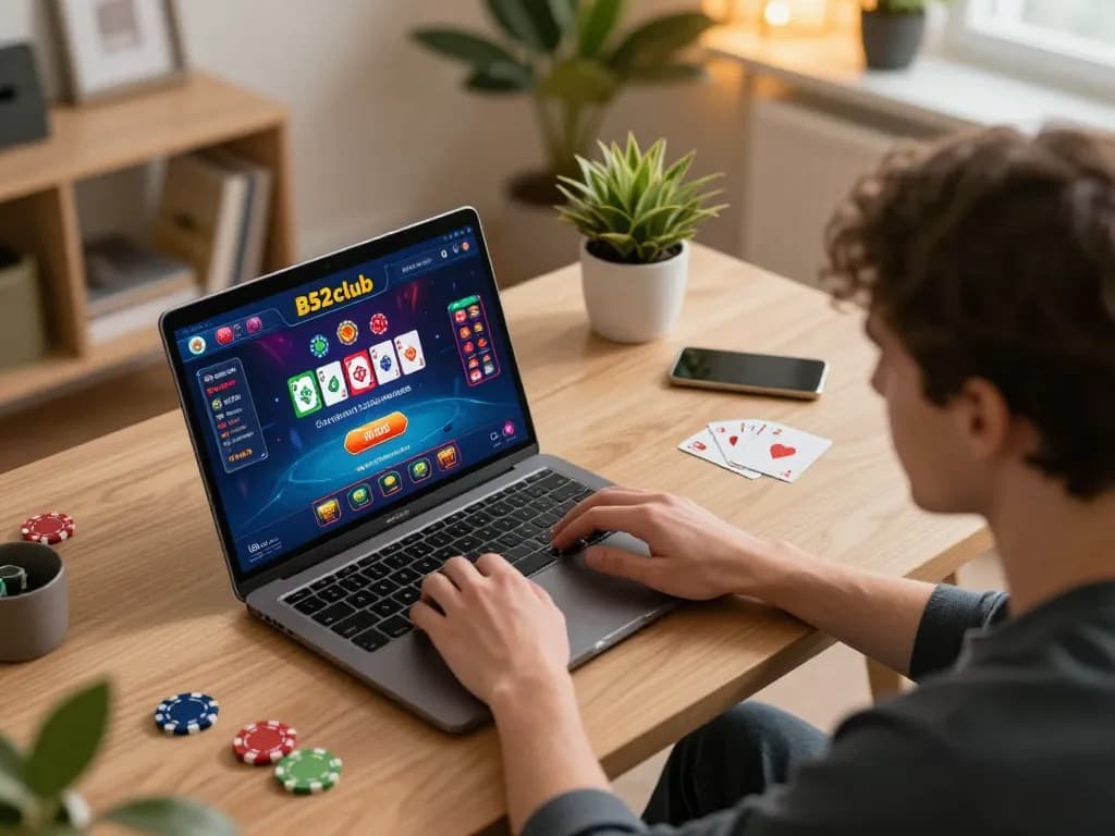 B52club mobile gaming experience with user engaging in casino activities at home.