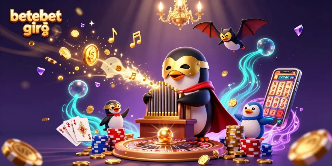 Experience betebet giriş with an exciting scene of a penguin playing organ shooting coins, surrounded by casino elements.