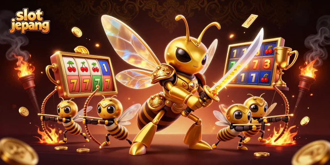 Experience thrilling gameplay with slot jepang, featuring a golden hornet in samurai armor amid dynamic slot reels.