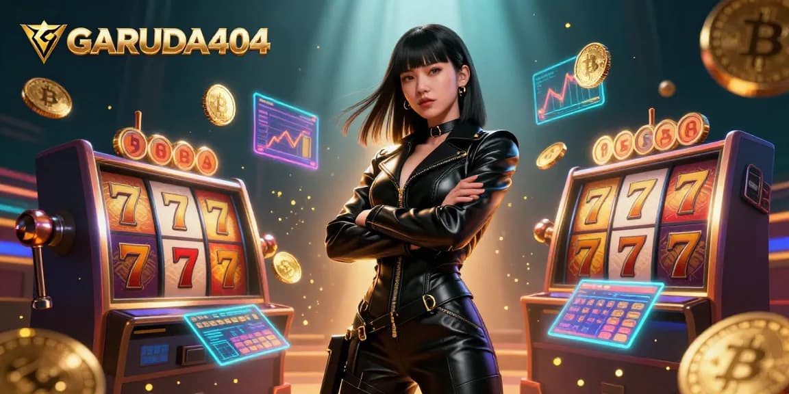 Experience the thrill of GARUDA404 with an exciting casino scene featuring dynamic slot elements and cryptocurrency.