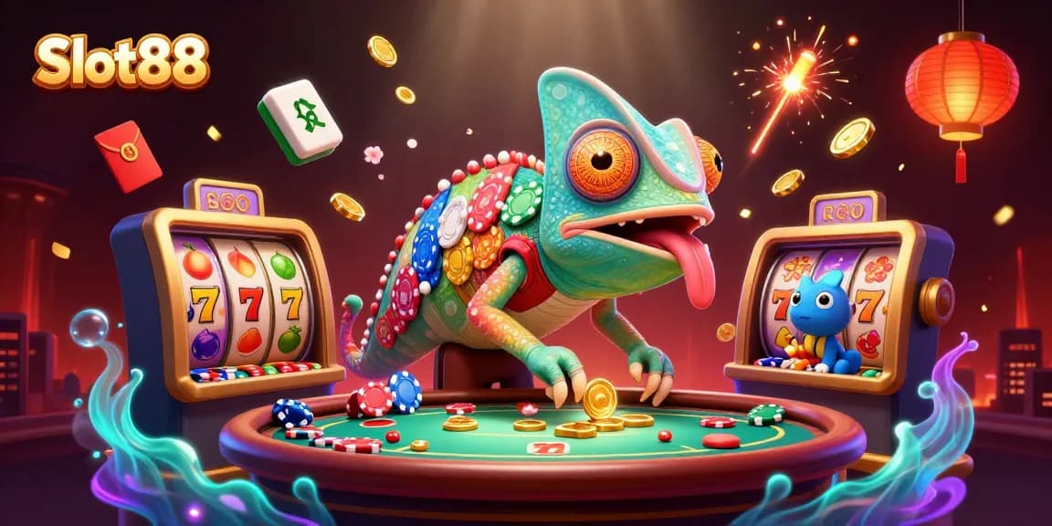 Slot88 mempersembahkan ilustrasi kasino yang berwarna-warni, dengan ekor chameleon menangkap koin emas.