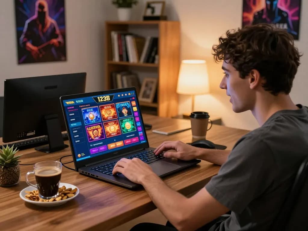 Player engaging in online gaming at 123B, showcasing a vibrant interface and cozy atmosphere.