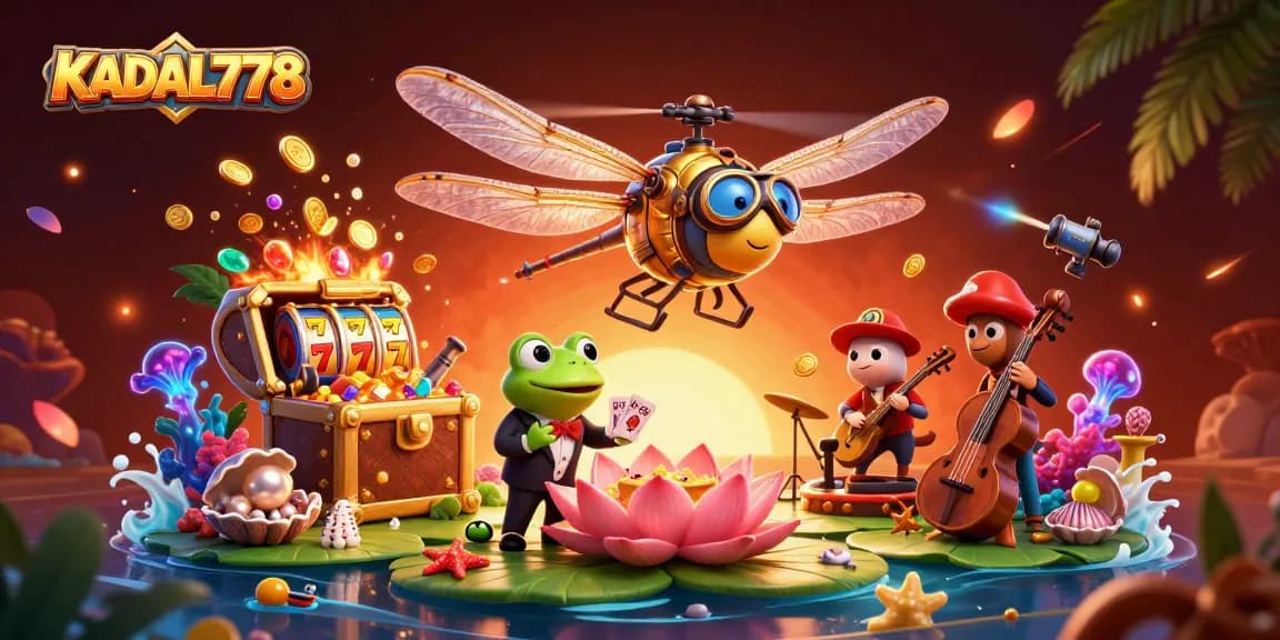 KADAL778 showcases an exciting cartoon scene with dynamic symbols of online slots and vibrant casino elements.