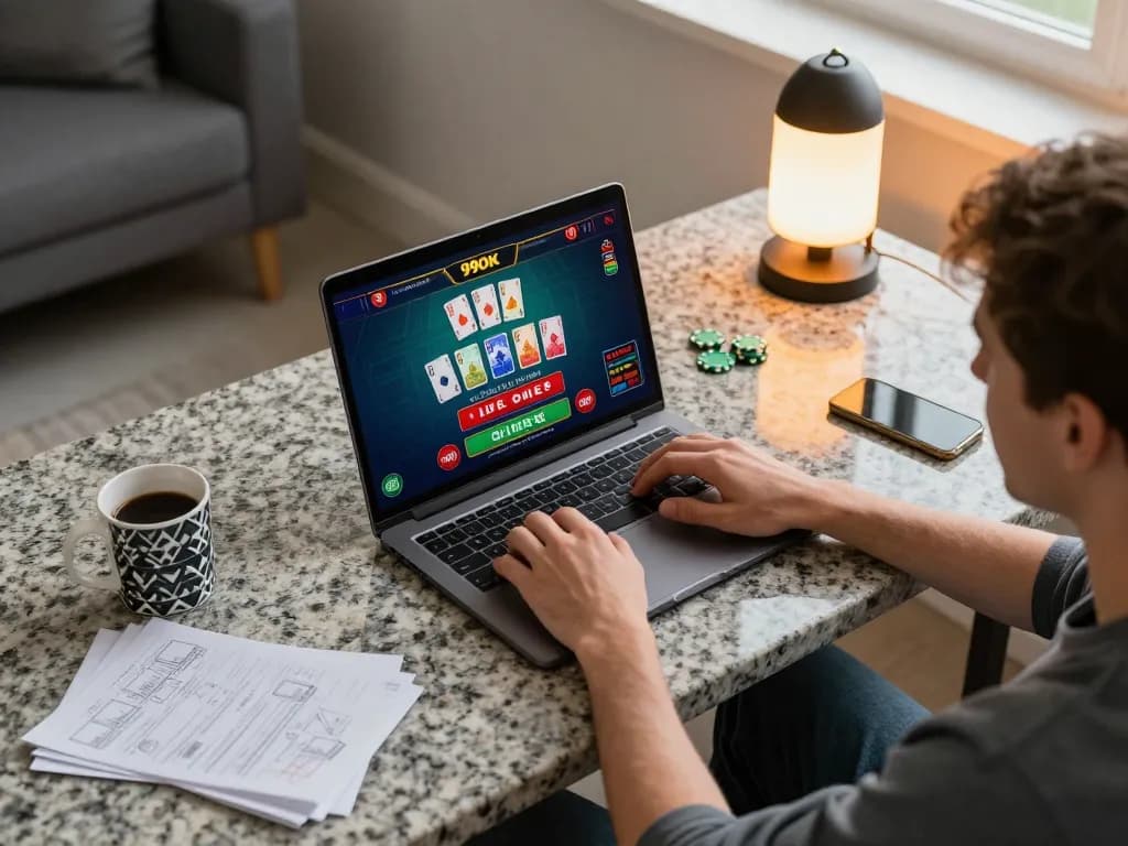 Player engaging with 99OK on laptop at home, reflecting responsible gaming lifestyle.