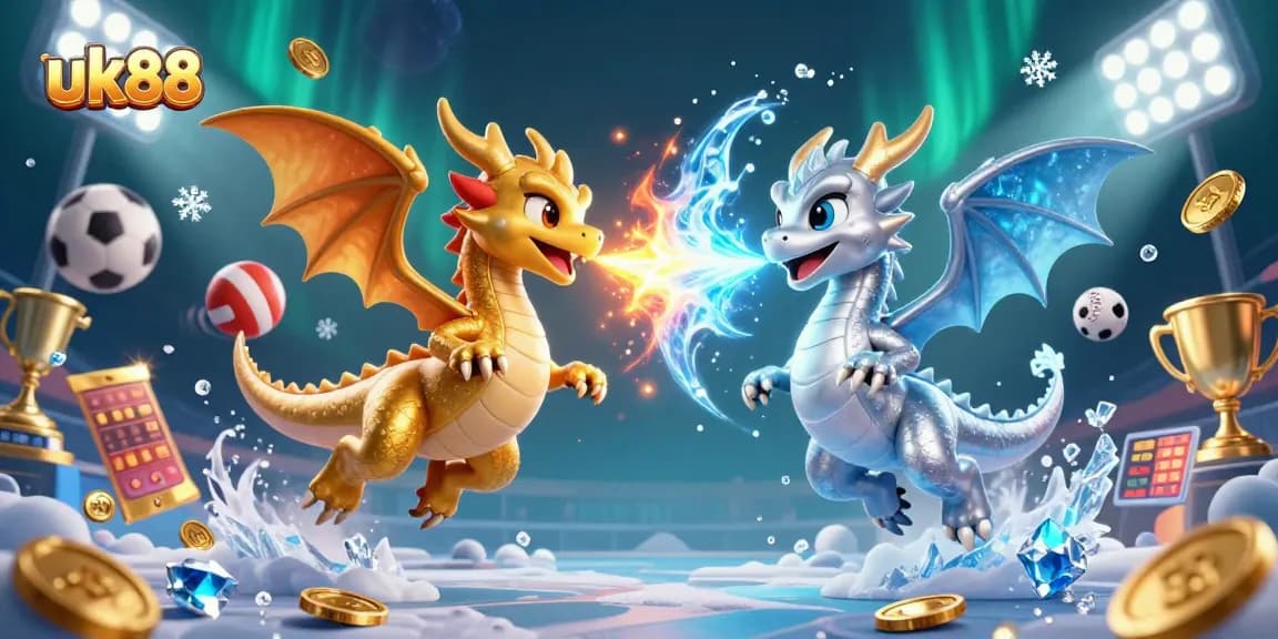 Engage with dynamic gaming at uk88 featuring vibrant 3D dragons and sports betting elements.
