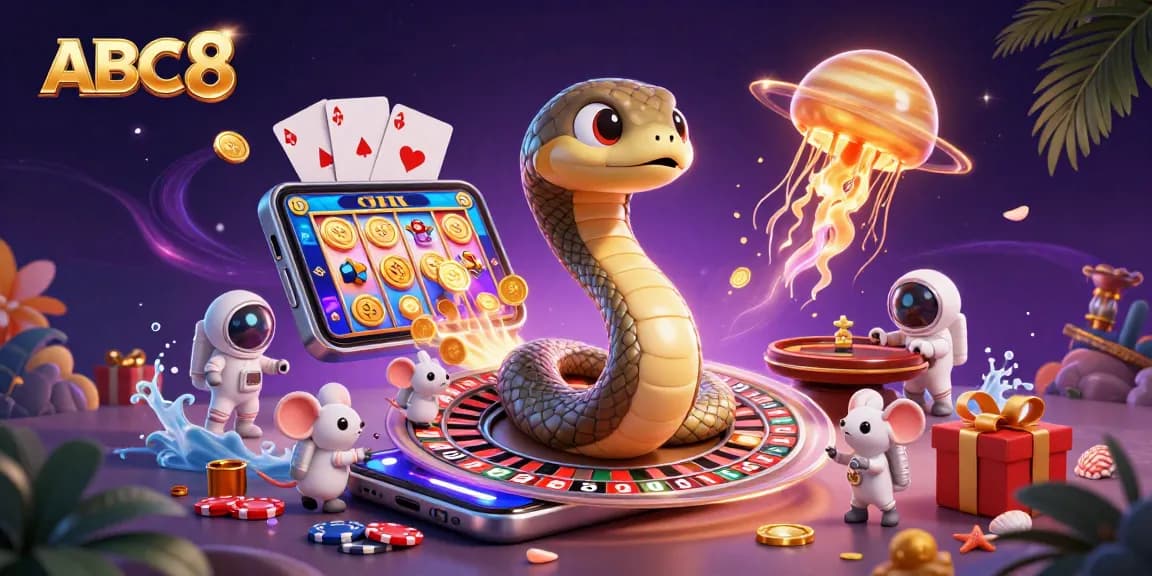 Experience thrilling bets and games at ABC8, featuring a cosmic dealer and vibrant gambling elements.