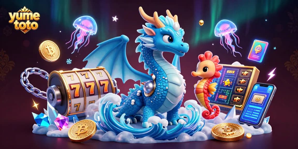Play slots with yume toto, featuring dynamic dragon and colorful gaming elements in this vibrant illustration.