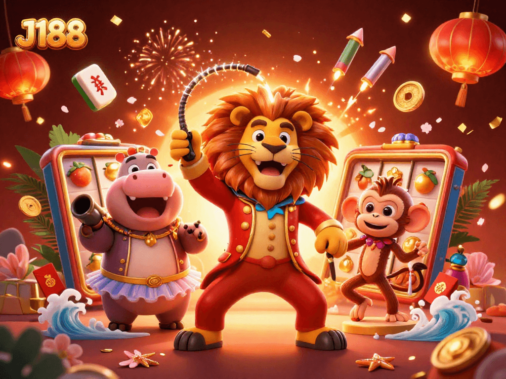 Engage with J188's vibrant casino scene featuring lively characters amid spinning slots and festive decorations.