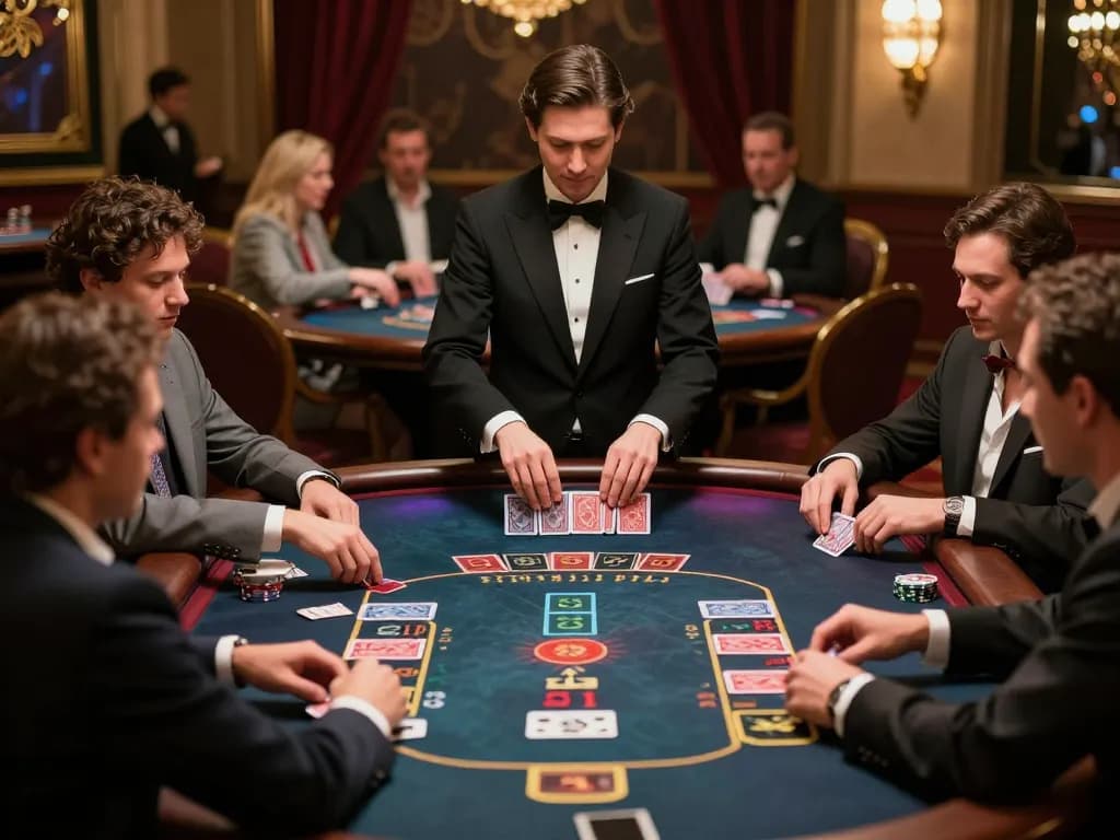 Players enjoying blackjack at FLY88 casino with a professional dealer, emphasizing strategic gameplay.