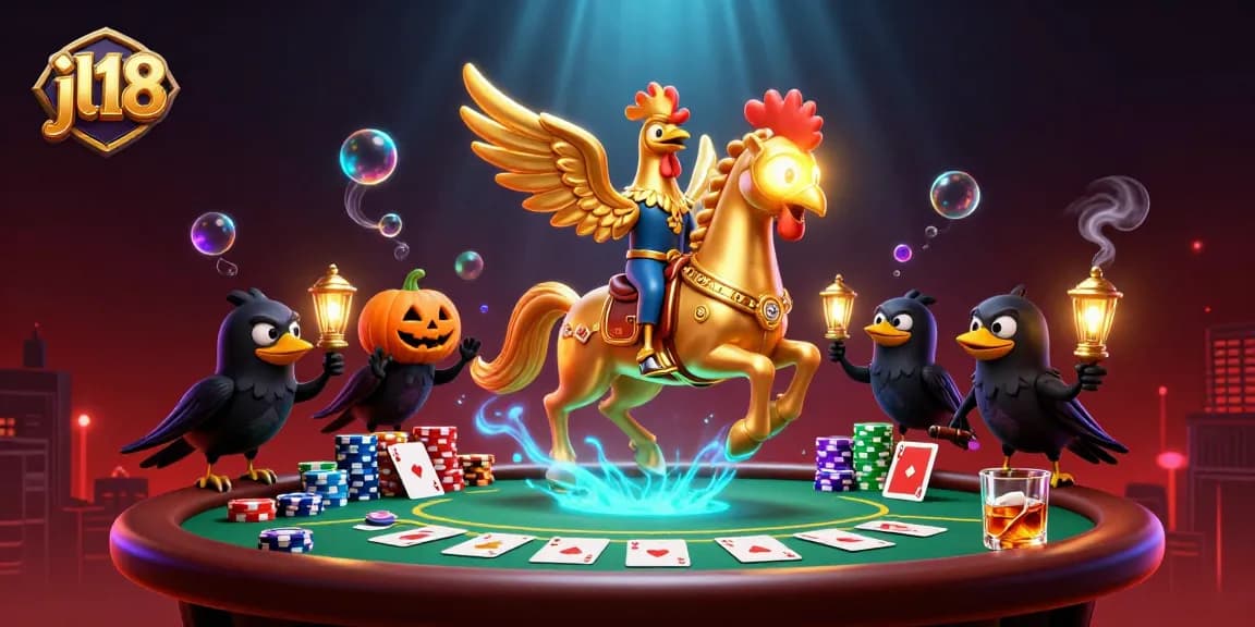 Engage in thrilling moments at jl18, featuring a golden rooster and poker elements in a vibrant casino.