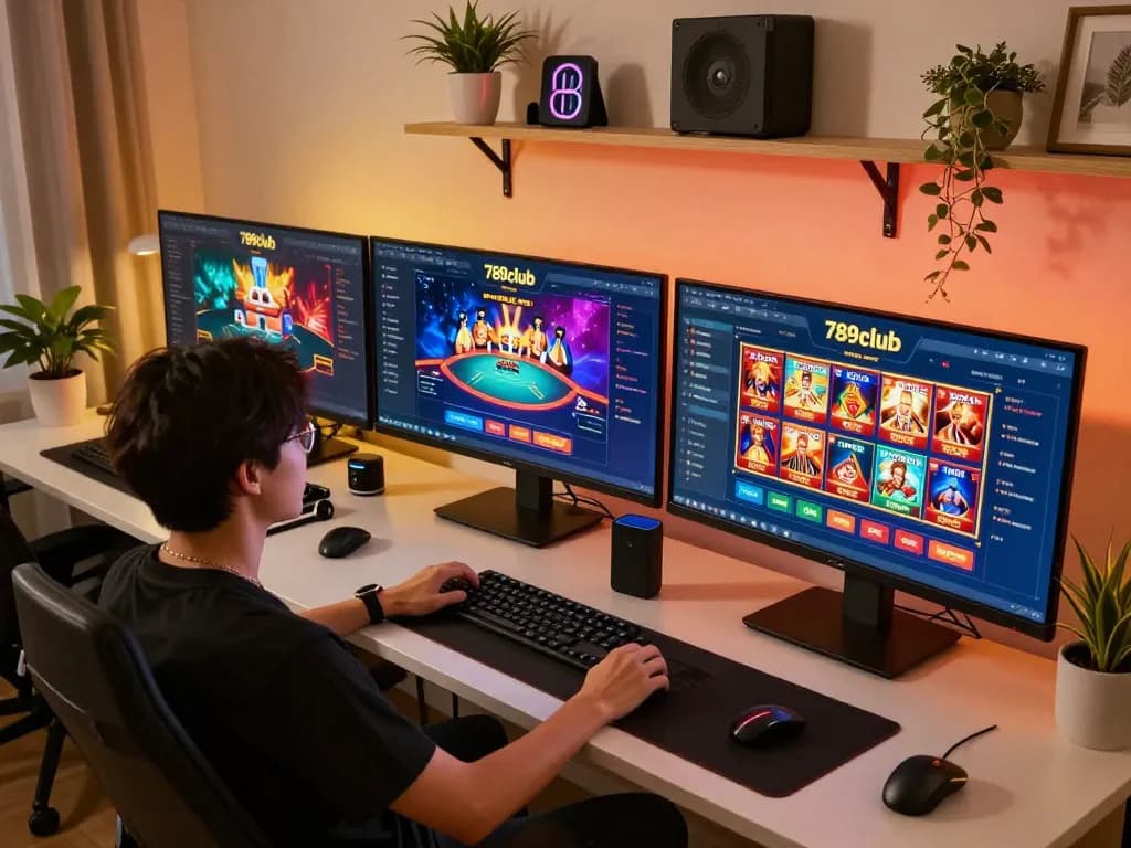 Player engaging in 789club online gaming setup with multiple screens and cozy atmosphere.