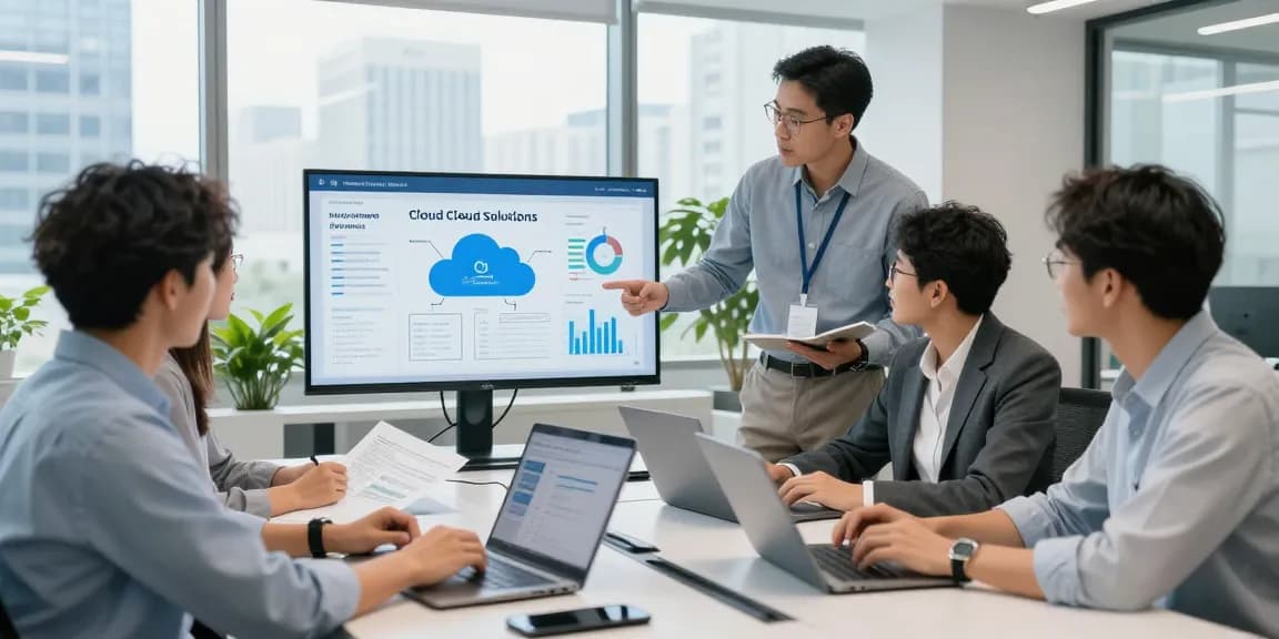 Team collaboration on cloud solutions to buy aws credits efficiently in modern office.