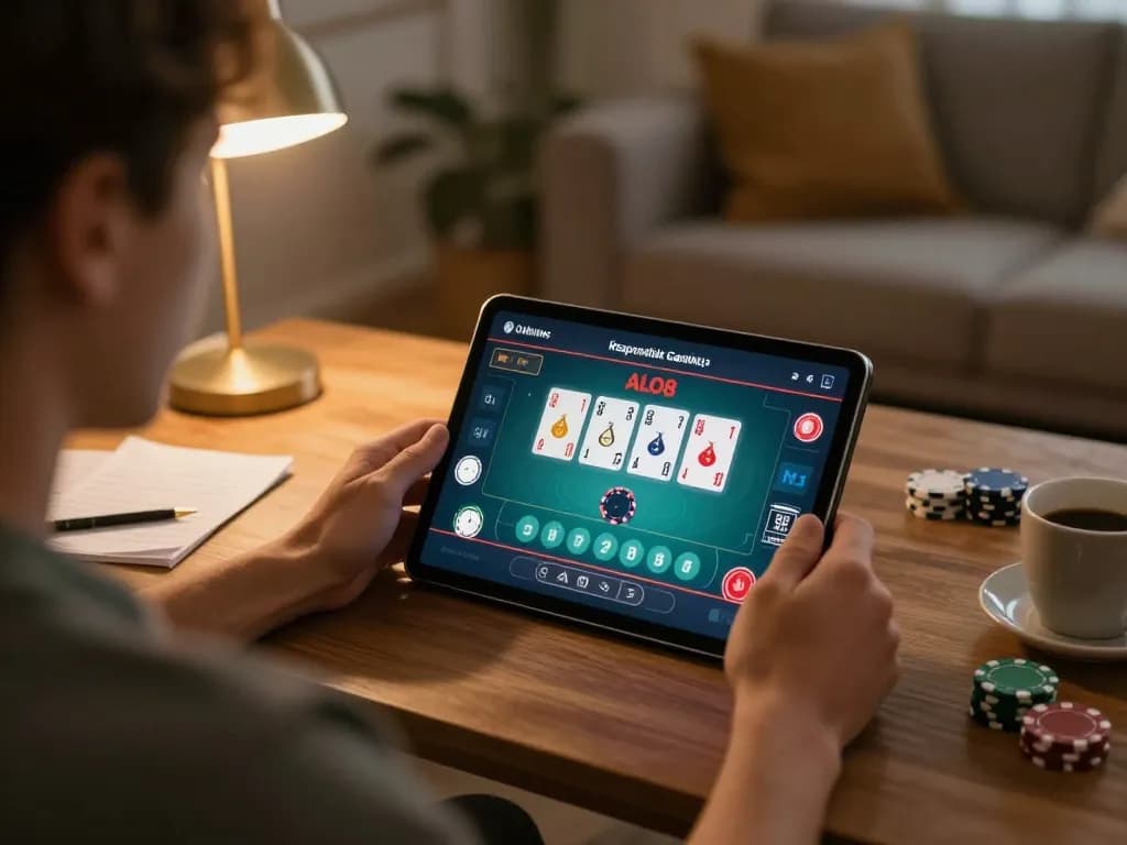 Person engaging in online gambling on ALO8 using a tablet in a cozy living room setting