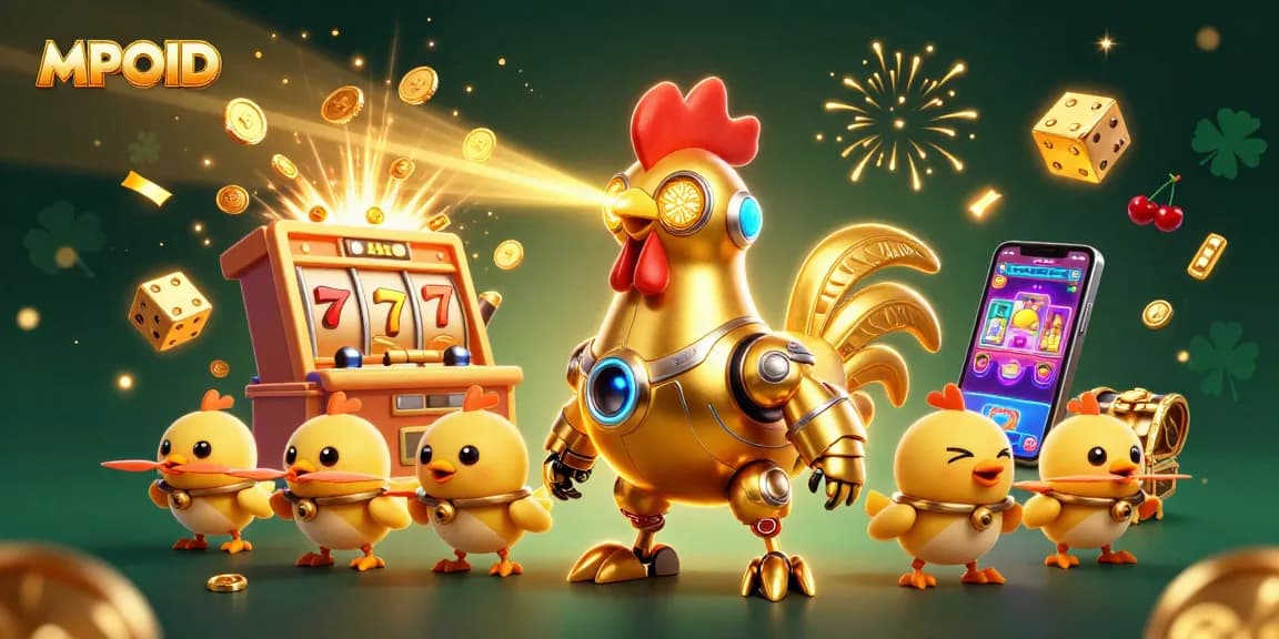 Engage in thrilling gameplay with MPOID, as a golden rooster robot leads baby chick drones around a jackpot slot explosion.