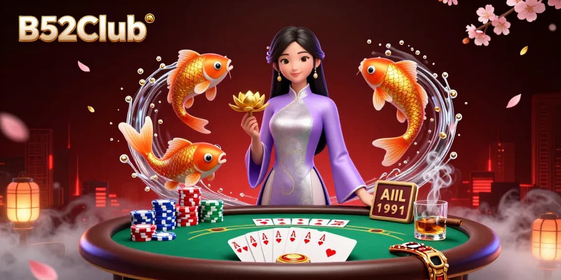 B52Club's vibrant casino scene features a woman in ao dai, poker elements, and koi fish, conveying excitement.
