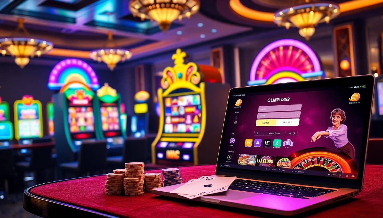 OLYMPUS88 login interface displayed with vibrant slot machines and players betting for excitement.