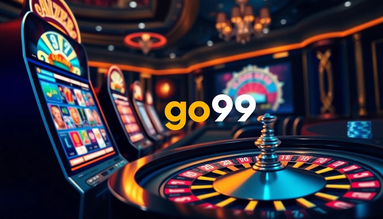 Exciting online gambling action featuring go99 logo, poker chips, and roulette wheel.