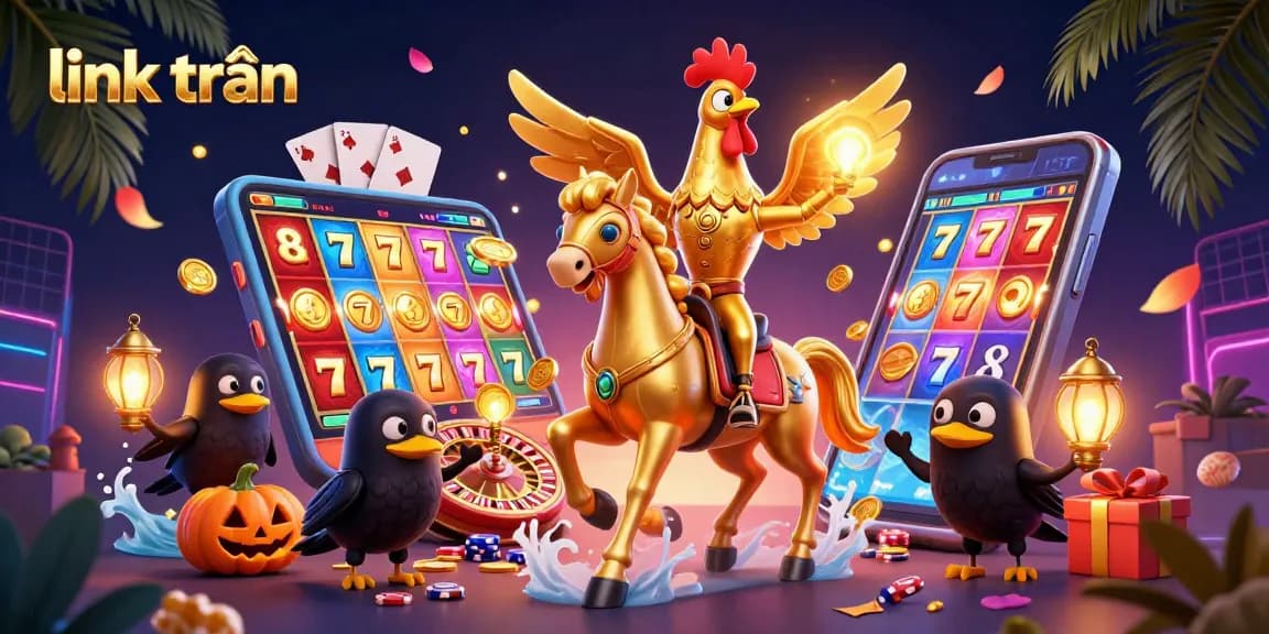 Engaging link trần-themed casino scene featuring a golden rooster and slot games.