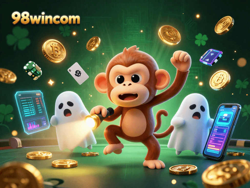 Experience the excitement of 98wincom in a magical casino scene with crypto elements.