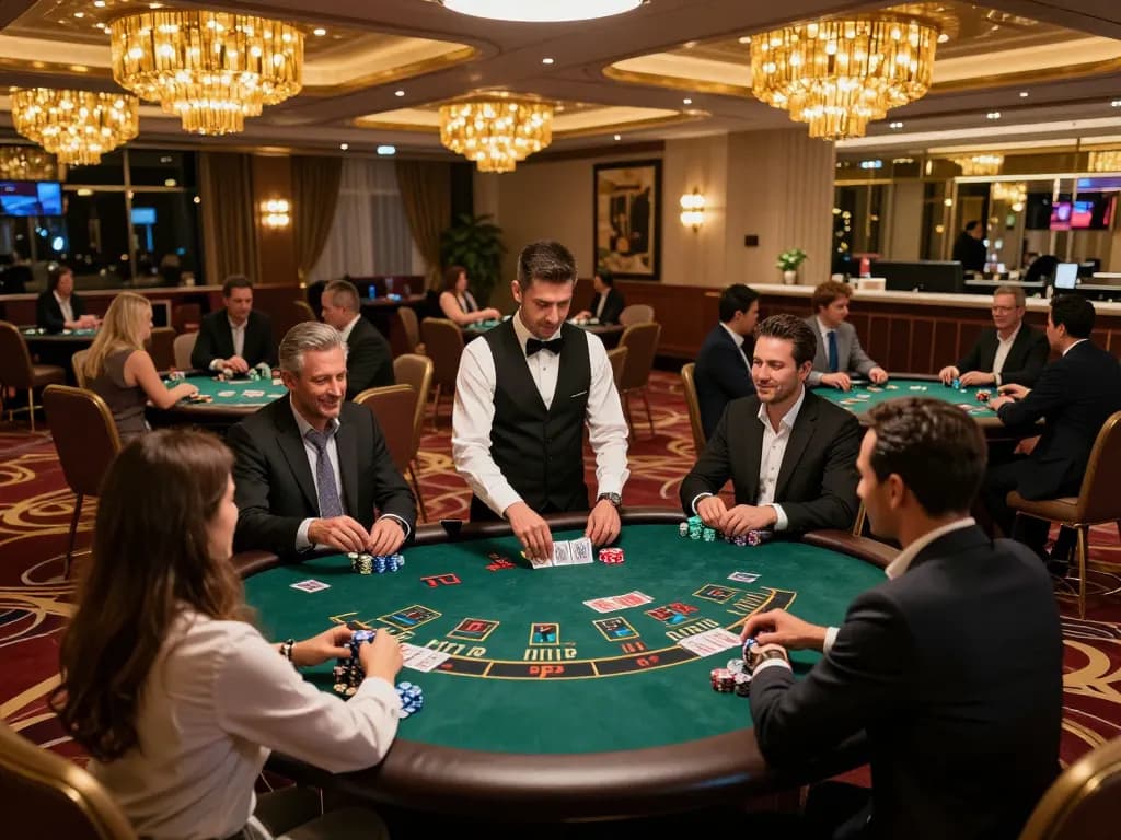 KADAL778 players engaging at a stylish blackjack table in an upscale casino environment.