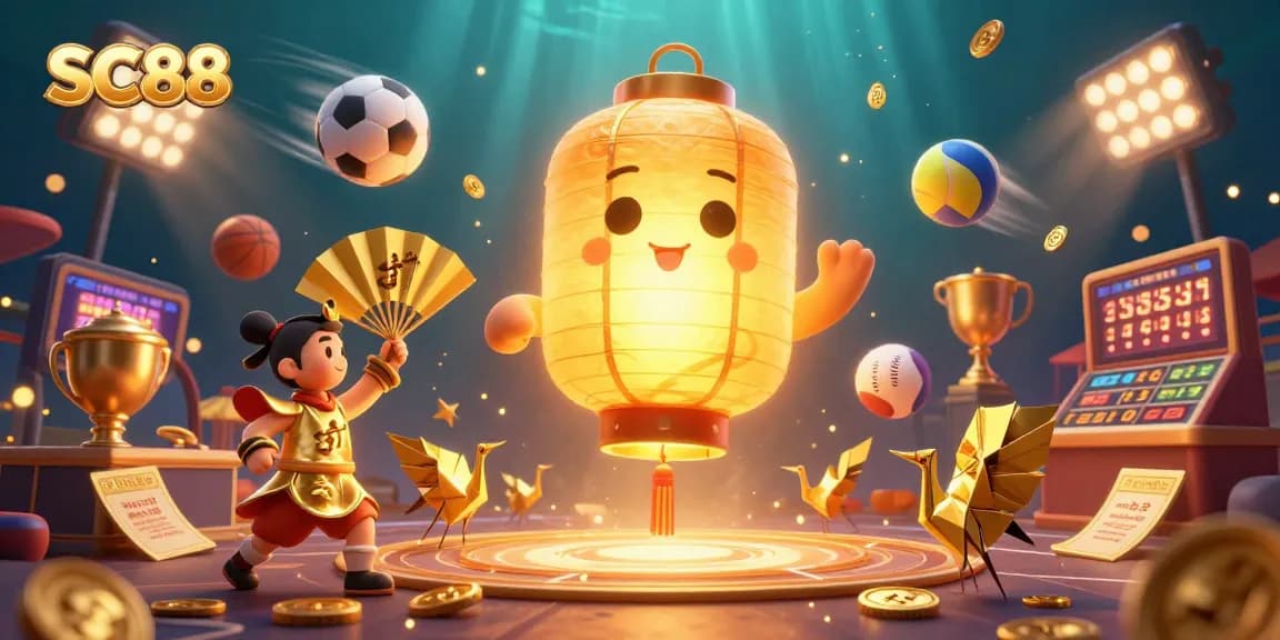 SC88 illuminates the vibrant casino atmosphere with a glowing golden lantern spirit and dynamic sports elements.