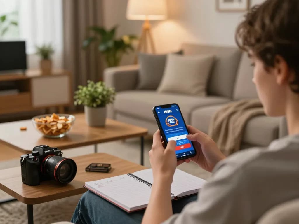 IWIN mobile gaming in a cozy living room with dynamic interactions on the smartphone