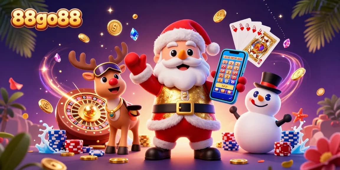 Experience the excitement of 88go88 with Santa Claus winning jackpots in a colorful casino scene.