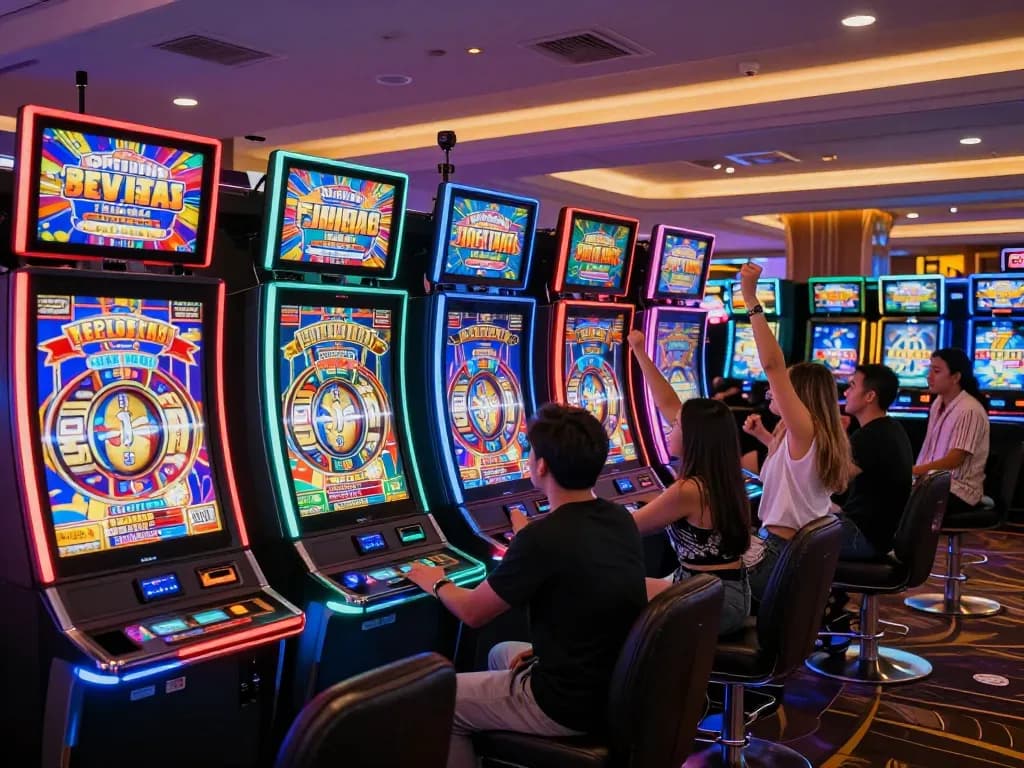 NAGA2000 players enjoying dynamic slots with vibrant lights and celebration at a modern casino.