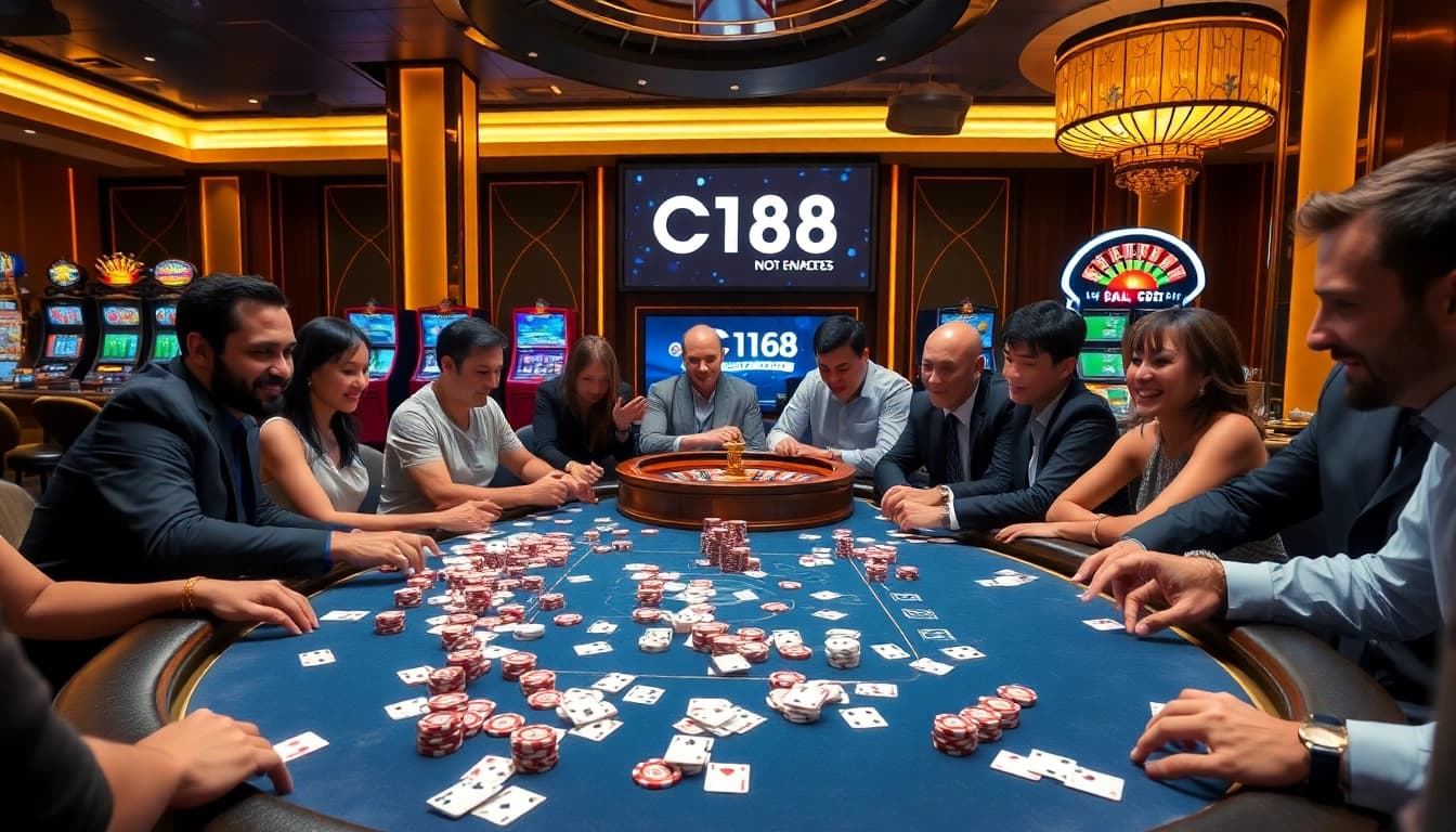 C168 poker players enjoying a high-stakes game in a luxurious casino atmosphere.