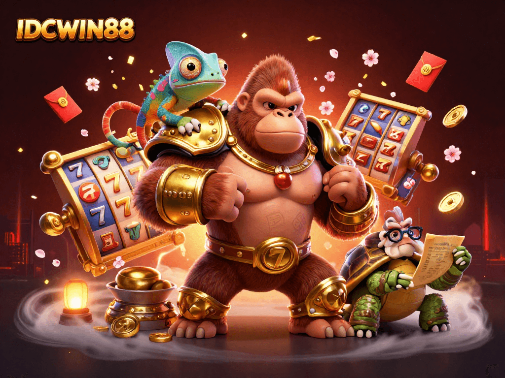 Experience the excitement of IDCWIN88 with spinning slot reels and golden jackpots in this dynamic casino scene.