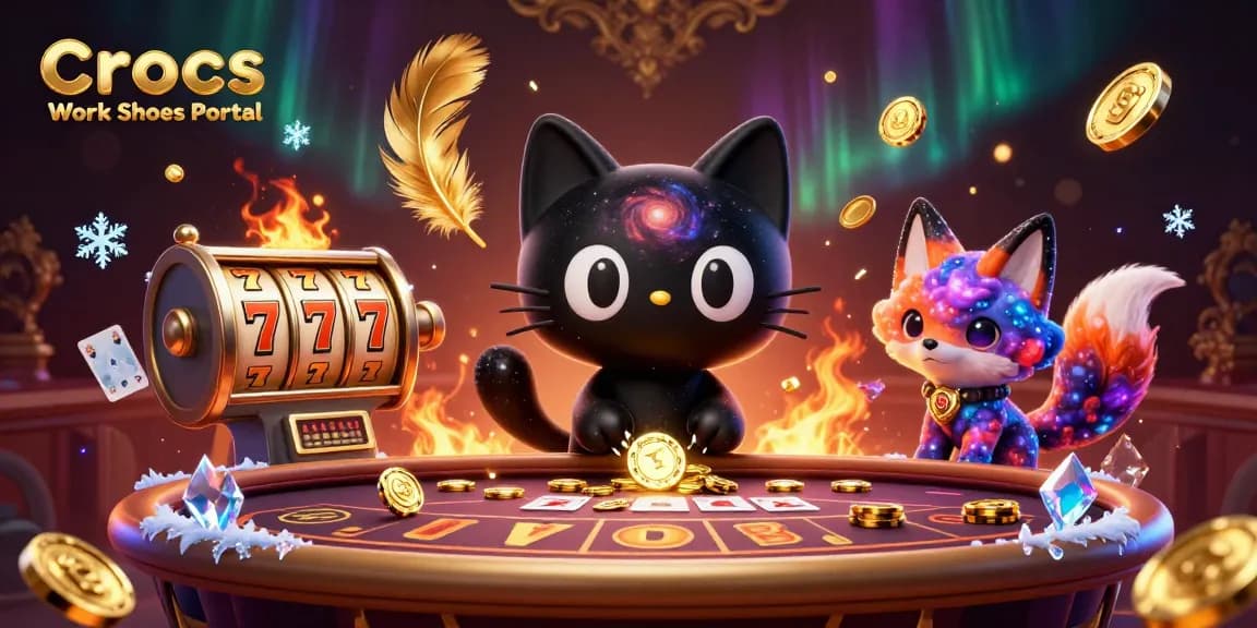 Crocs Work Shoes Portal showcases a cosmic casino scene with a black hole cat and colorful fox pulling in golden chips and cards.