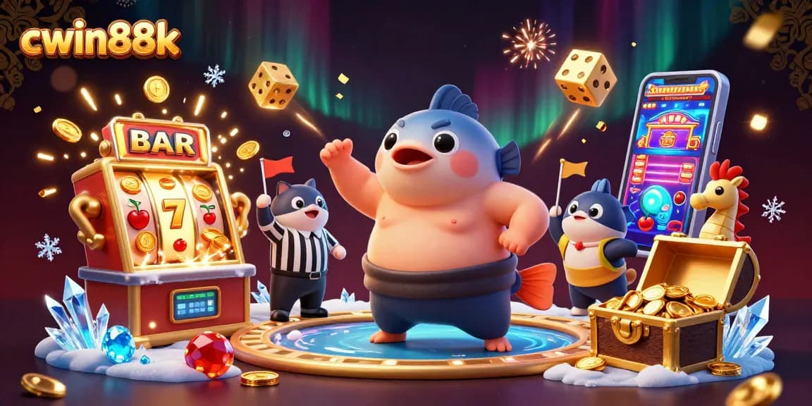 Engage with cwin88k's vibrant underwater casino scene featuring a fugu sumo amidst dynamic gaming excitement.