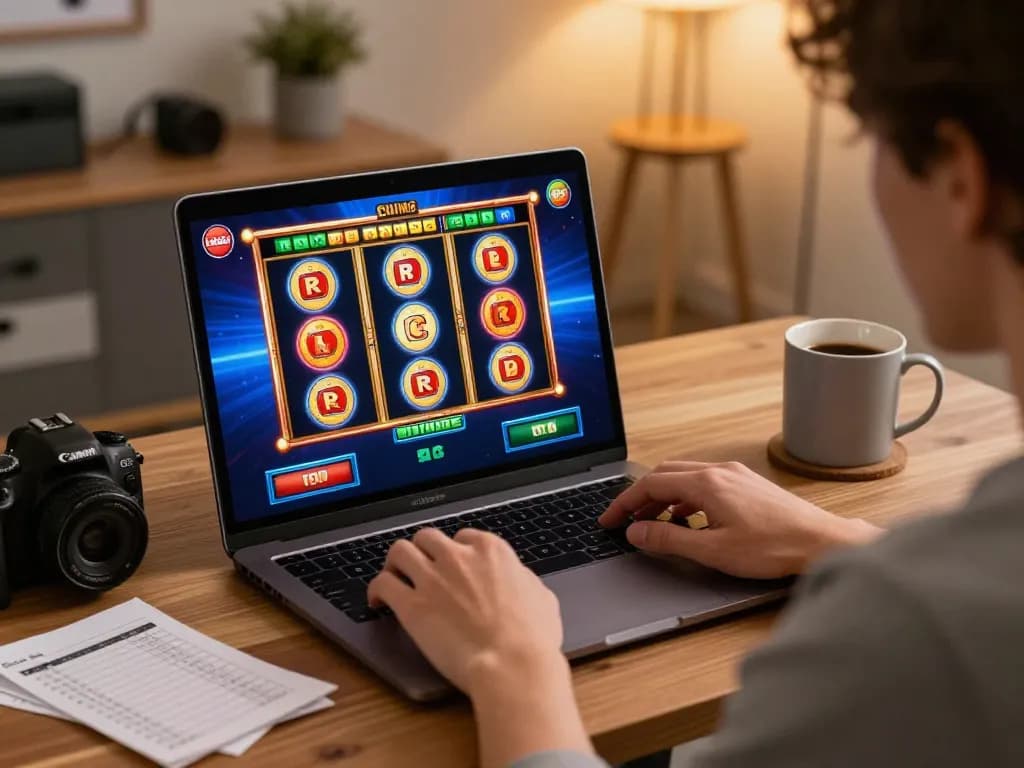 Engaging in online slot gaming on a laptop, exploring situs slot gacor with strategic elements.