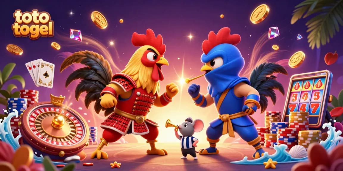 Experience thrilling battles with toto togel gaming as roosters clash in a dazzling, vibrant casino scene.