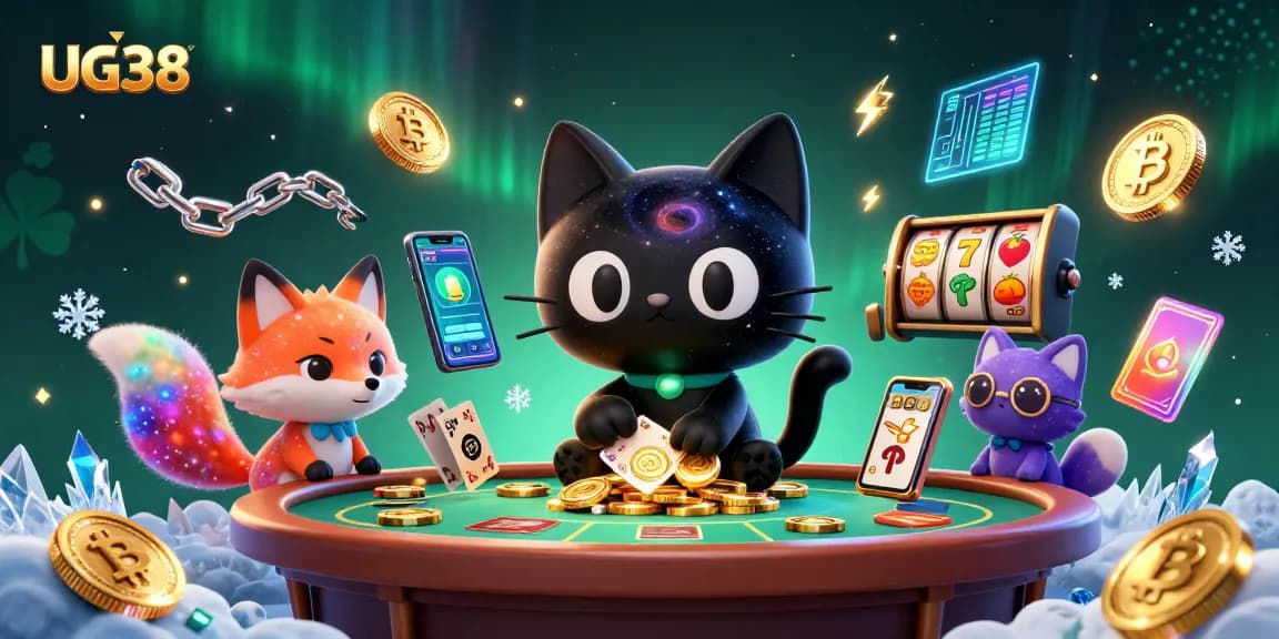 Spin to win and engage with UG38: A vibrant casino scene with cosmic characters and slot elements.