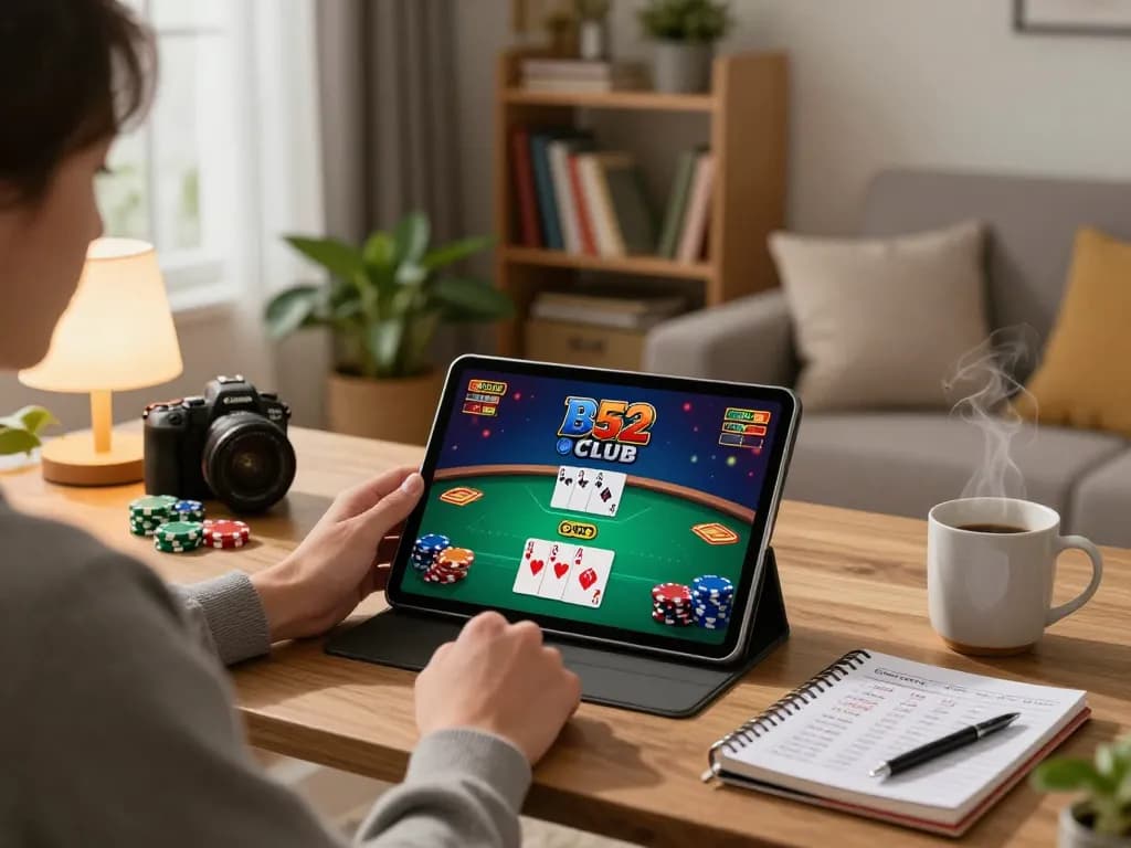 Người chơi câu lạc bộ B52 đang tận hưởng trò chơi poker trực tuyến trên máy tính bảng, ngồi trong một phòng khách ấm áp và chào đón.
