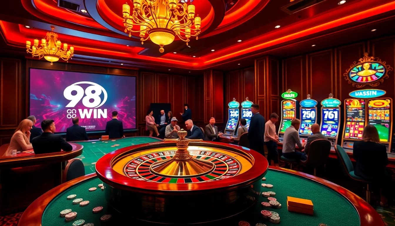 Experience the thrill of 98WIN at a vibrant casino with spinning roulette and lively players.
