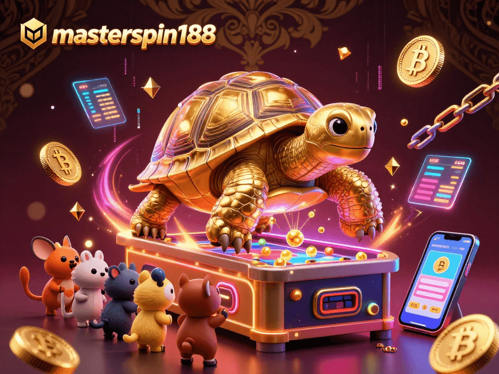 Engage in thrilling games at masterspin188, featuring a vibrant casino scene with crypto-themed elements.