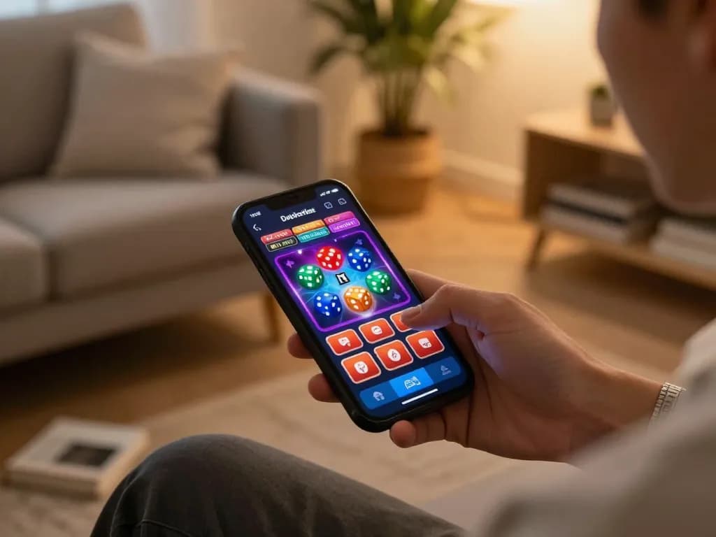 Engaging with the casino app from https://fabet.limited/ in a cozy atmosphere, highlighting responsible gambling.