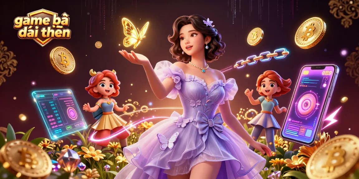 Experience the thrill of game bài đổi thưởng with a stunning 3D scene of a captivating Asian woman surrounded by crypto and casino elements.