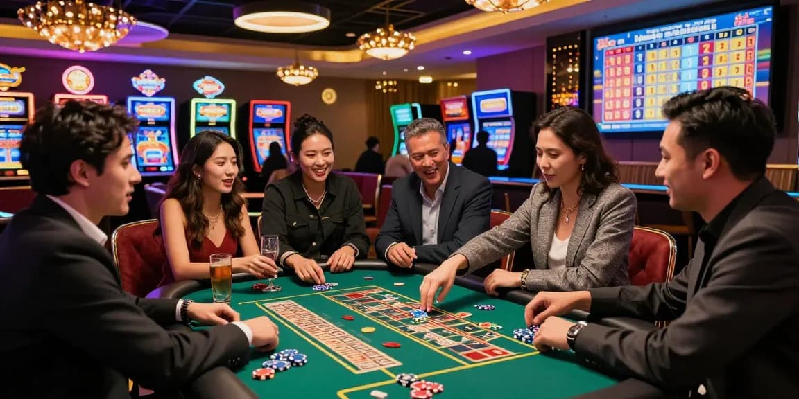 Friends enjoying a game of toto togel at a lively casino table surrounded by colorful chips and vibrant lighting.