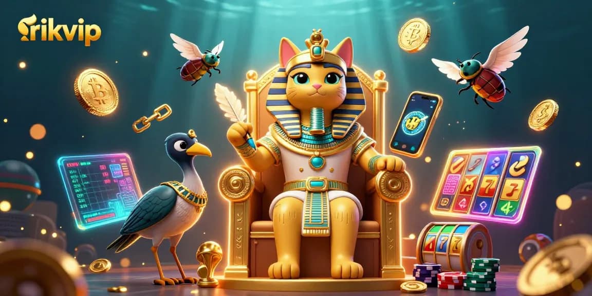 Engage with rikvip casino excitement through a vibrant 3D illustration featuring an Egyptian pharaoh cat.