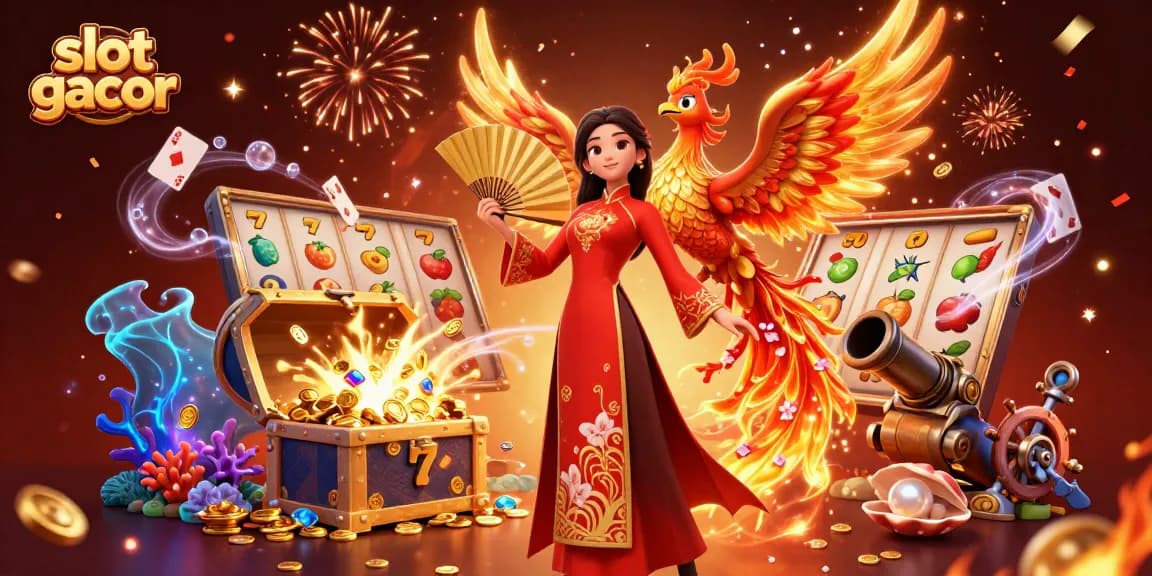 Engage with exciting slot gacor gameplay featuring a vivid illustration of a Vietnamese beauty and a phoenix.