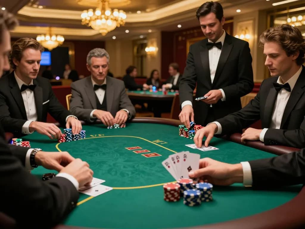 Pfly88 high-stakes poker players engaged in heavy betting with elegant game atmosphere