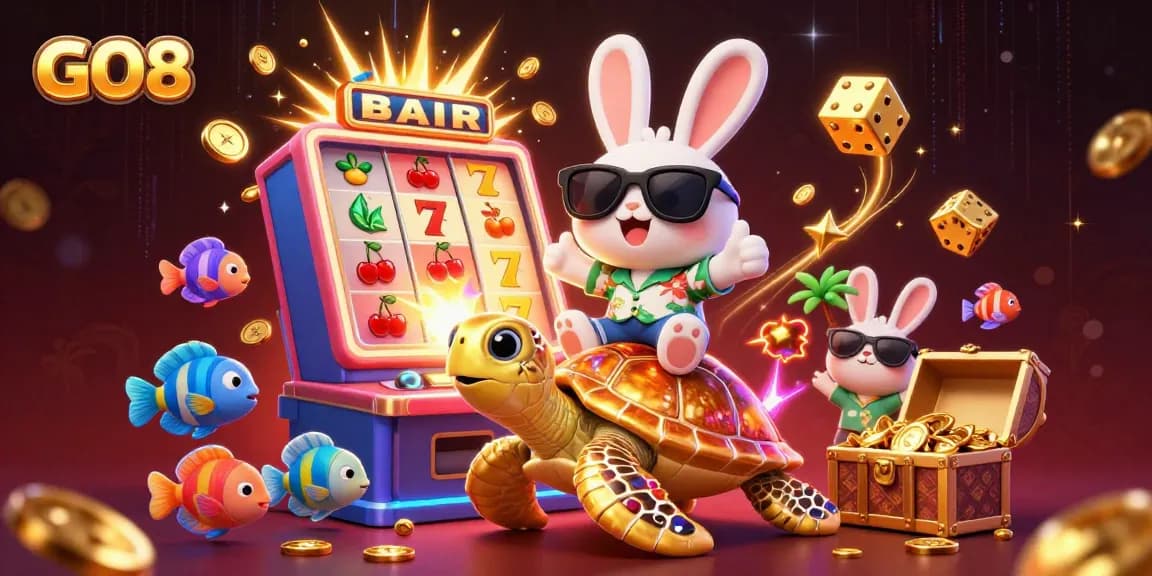 Join the GO8 fun with a lucky rabbit and a golden turtle celebrating jackpot wins in a lavish casino scene.